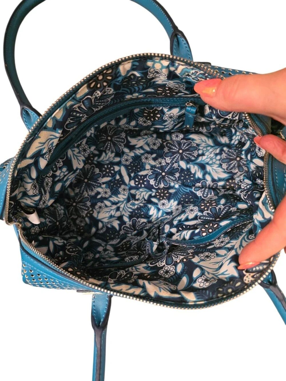 Nine West Teal Blue Perforated Satchel Shoulder Bag Purse Floral Lining